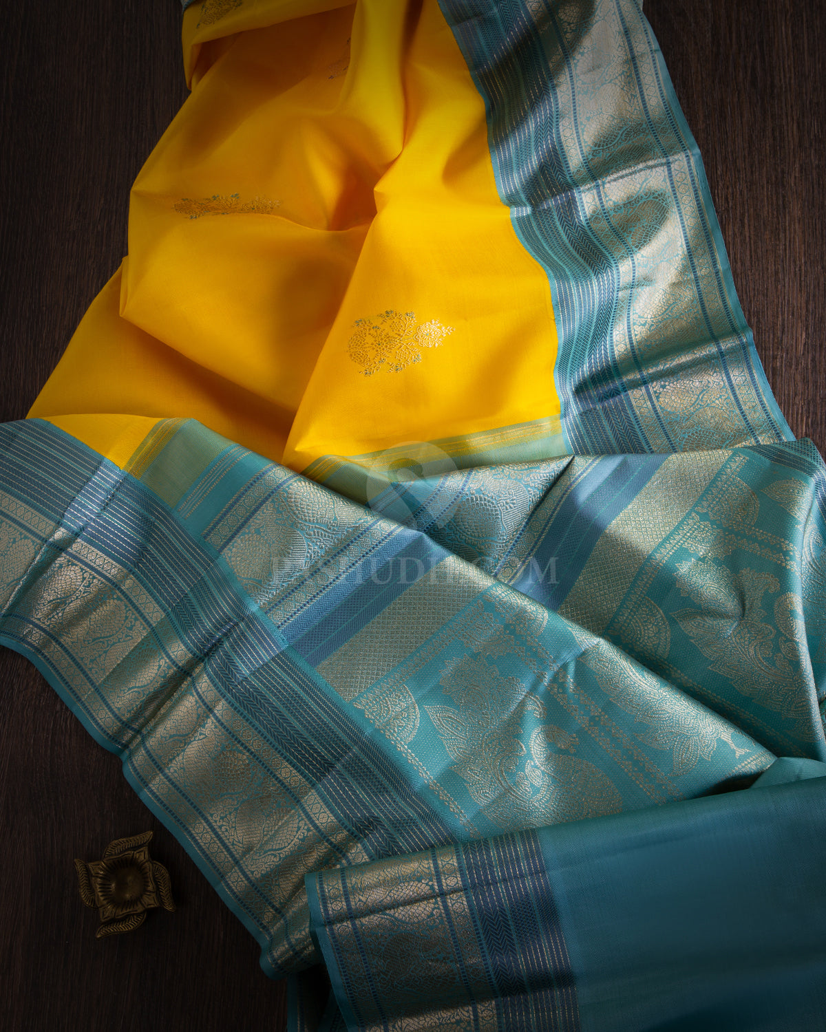 Yellow and Sky Blue Pure Zari Kanjivaram Silk Saree - S639 - View 3