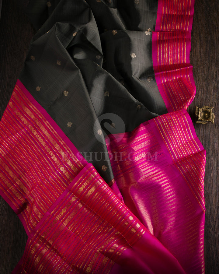Dark Grey and Rani Pink Pure Zari Kanjivaram Silk Saree - S679 - View 3