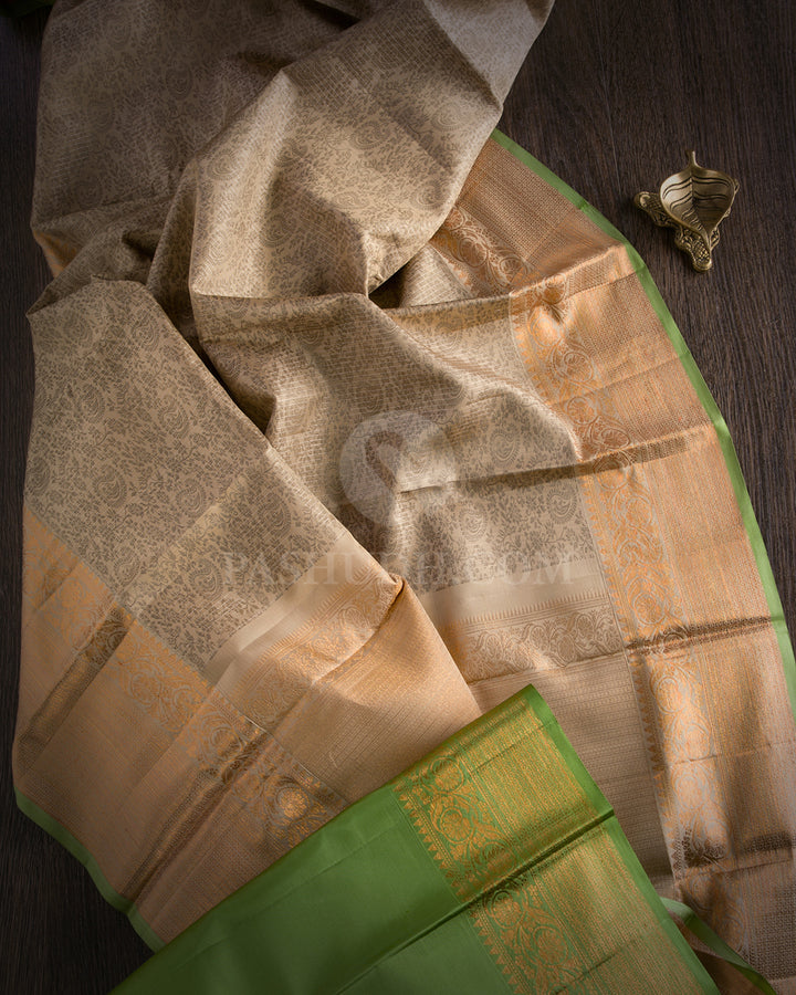 Ivory and Light Green Kanjivaram Silk Saree - DJ171 - View 1