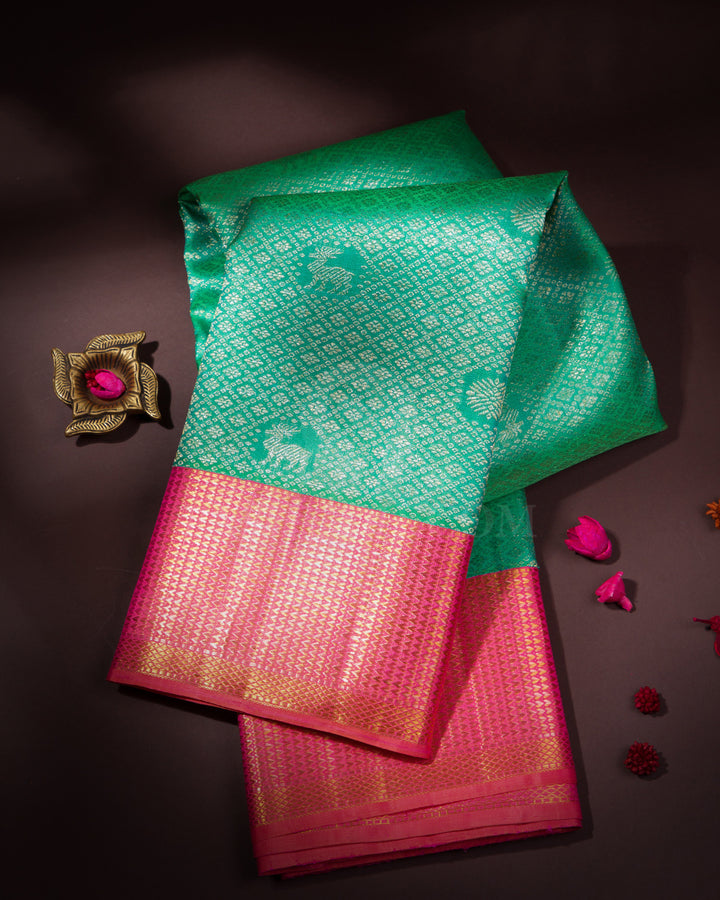 Mint Green and Flamingo Pink Kanjivaram Silk Saree - S608