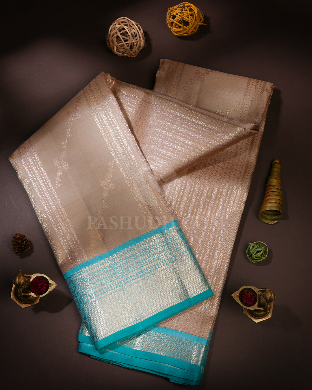 Beige and Sky Blue Kanjivaram Silk Saree - S691 - View 1