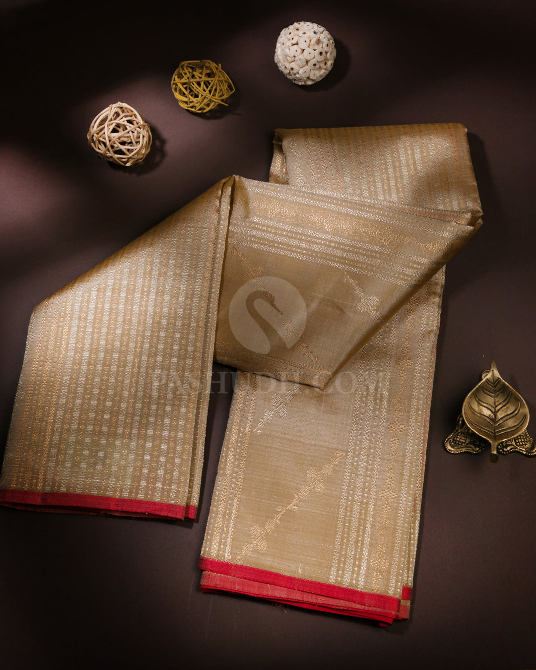 Beige and Red Kanjivaram Silk Saree - S694 - View1