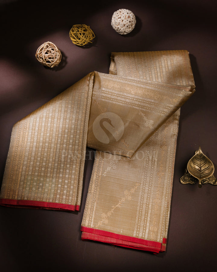 Beige and Red Kanjivaram Silk Saree - S694 - View1