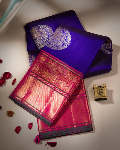 M S Blue and Candy Pink Pure Zari Kanjivaram Silk Saree  with Sku S601 , View 1