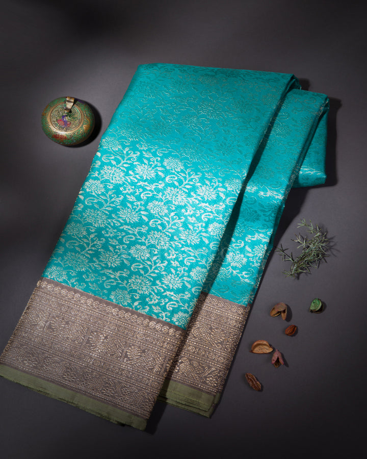 Turquoise and Grey Kanjivaram Silk Saree - S640- View 1