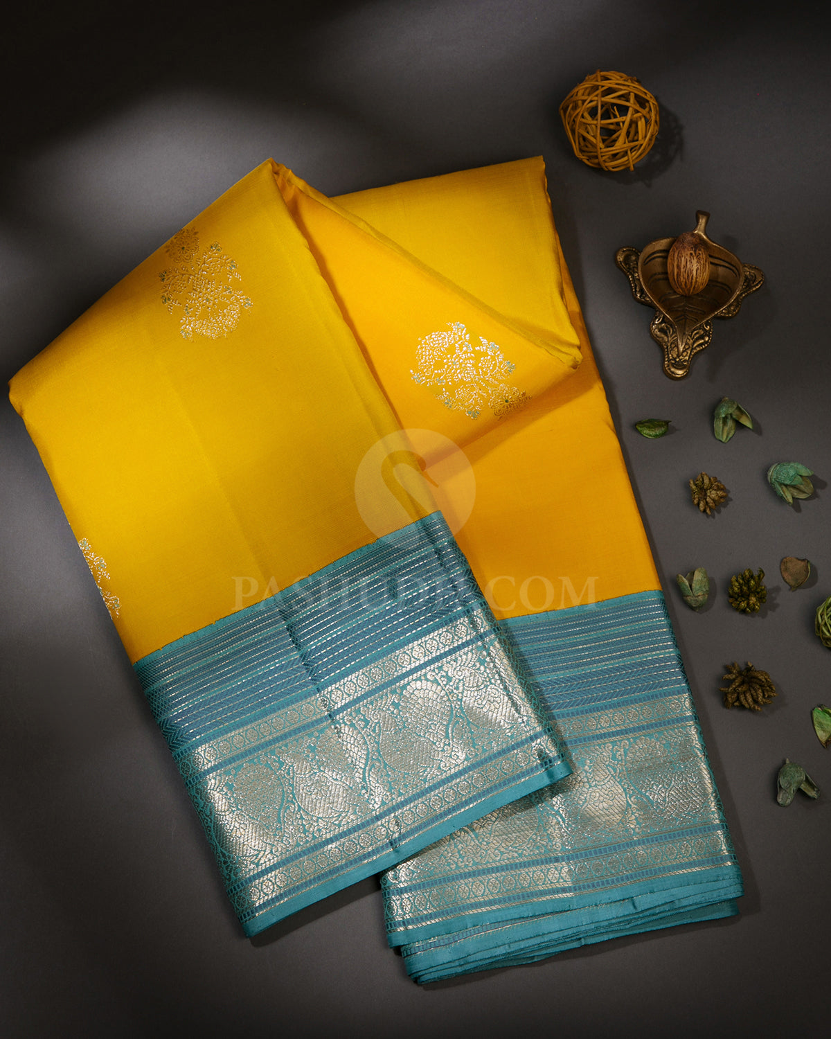 Yellow and Tiffany Blue Pure Zari Kanjivaram Silk Saree - S681 - View 1