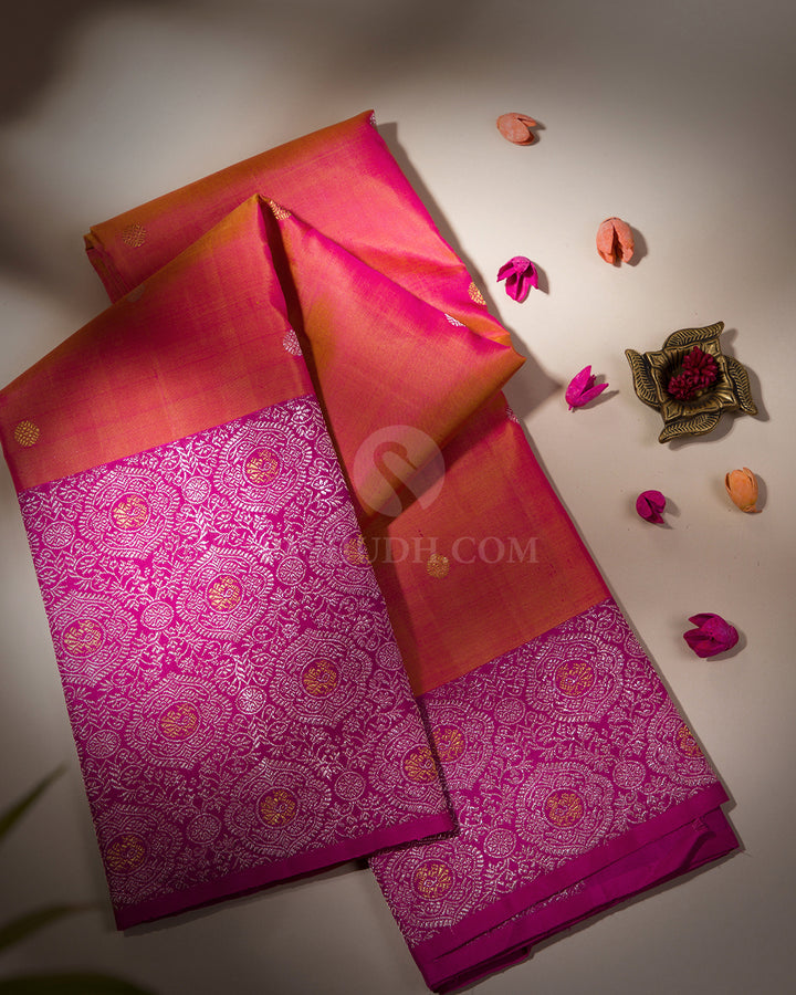 Orange shot Pink and Magenta Pure Zari Kanjivaram Silk Saree - S650 - View 1