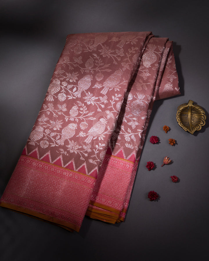 Chocolate Brown and Flamingo Pink Pure Zari Kanjivaram Silk Saree - S641 - View 1