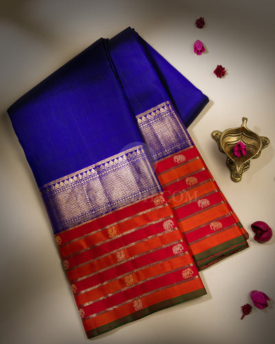 Royal Blue and Red Pure Zari Kanjivaram Silk Saree - S675 - View 1