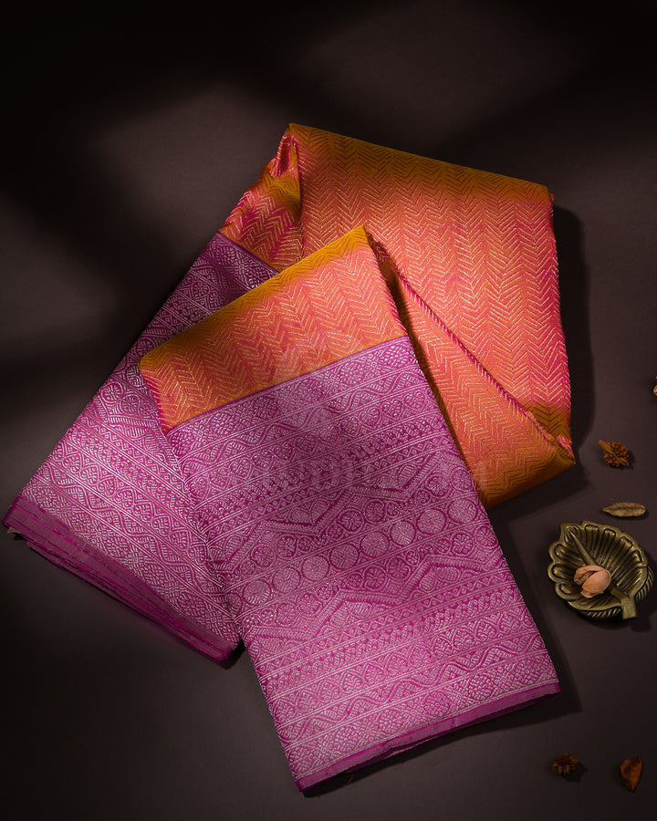 Pink Shot Orange and Deep Mauve Kanjivaram Silk Saree - S587, View 1