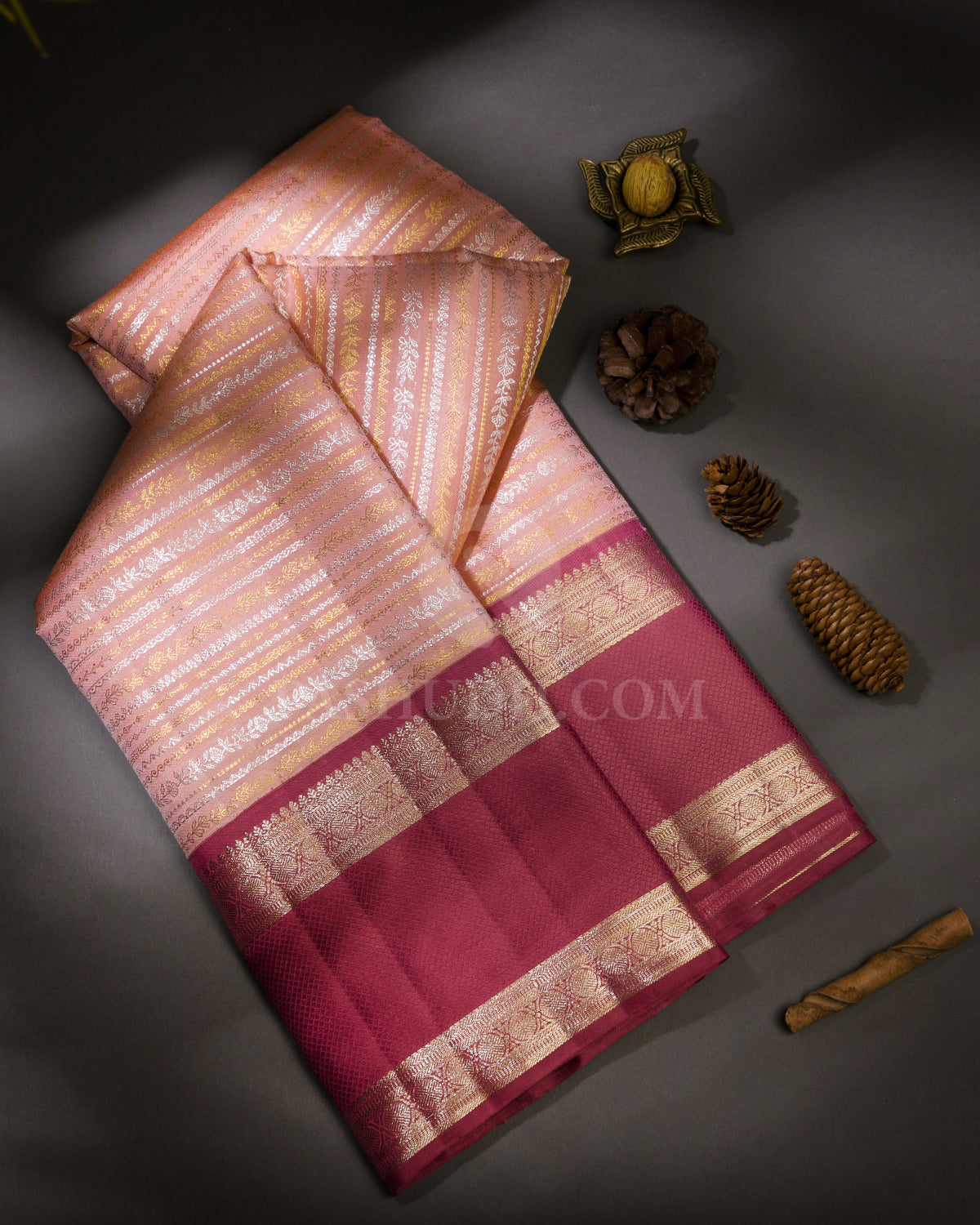 Pastel Peach and Rosewood Pink Kanjivaram Silk Saree - S695 - View 1