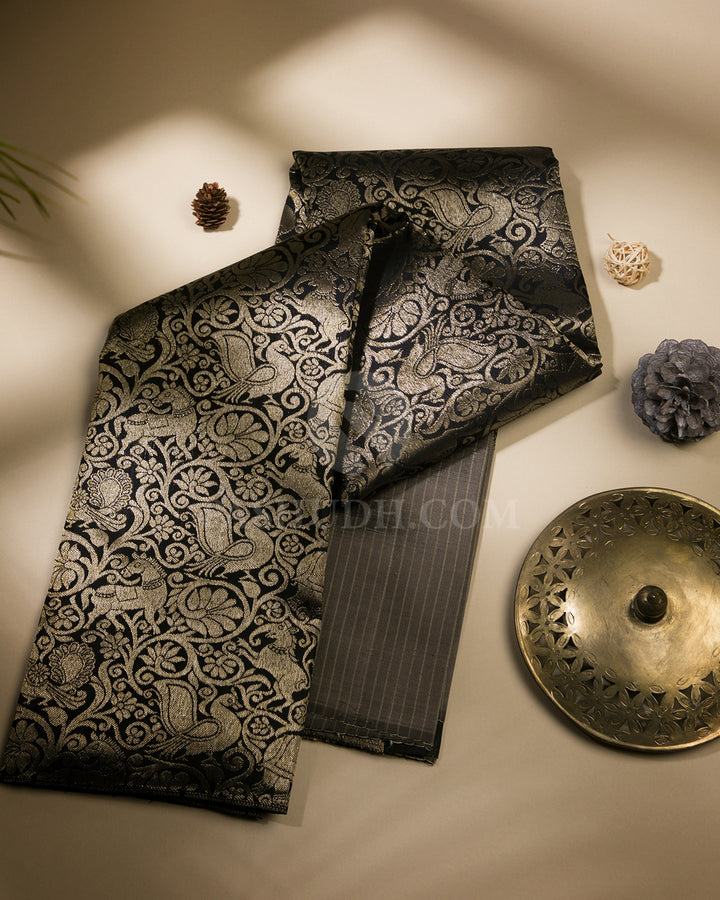 Grey and Black Vanasingaram  Pure Zari Kanjivaram Silk Saree - S666 - View 1
