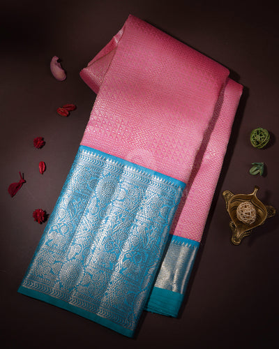 Baby Pink and Turquoise Pure Zari Kanjivaram Silk Saree - S664 - View 5