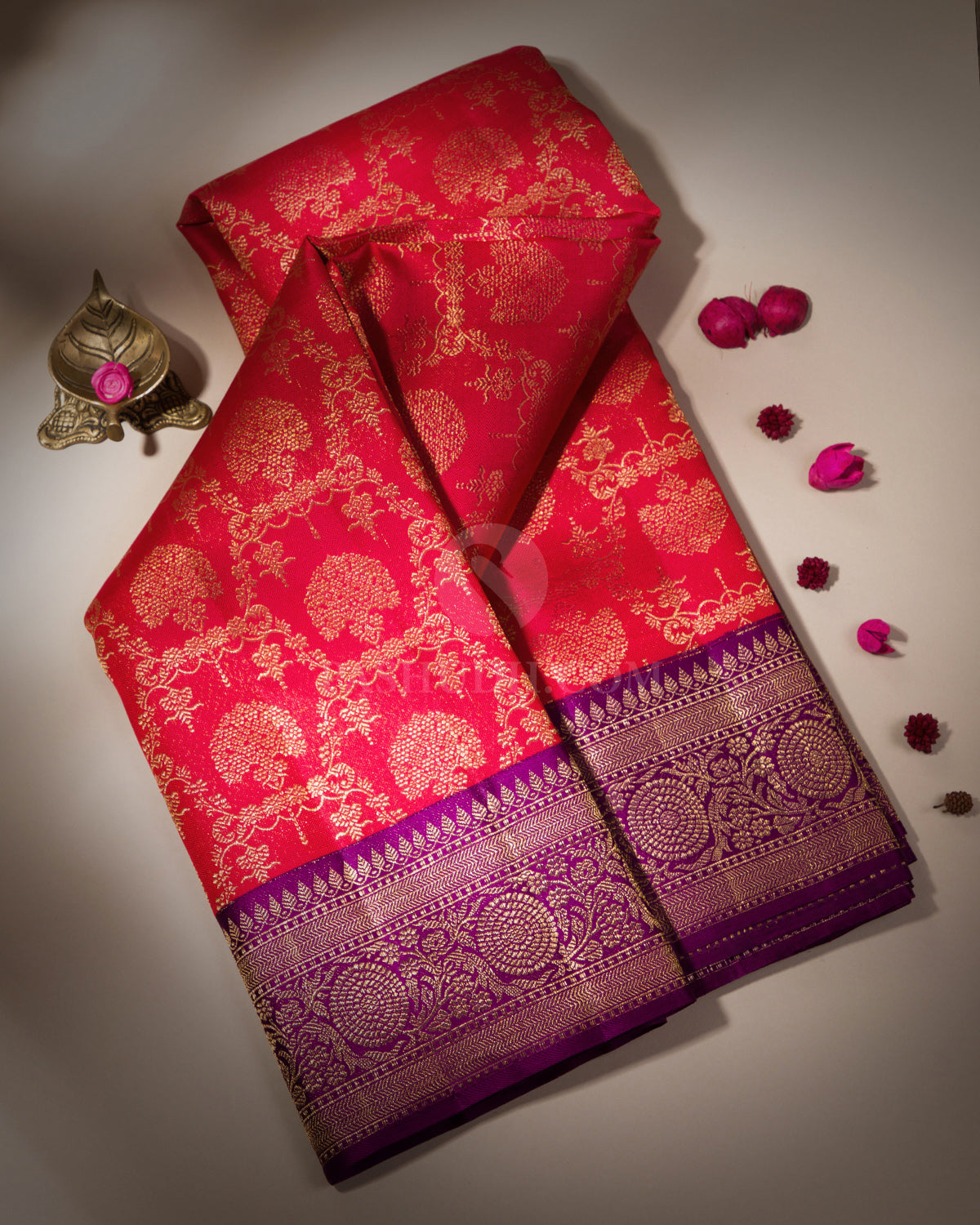 Bright Red and Violet Kanjivaram Silk Saree - S633 - View 1