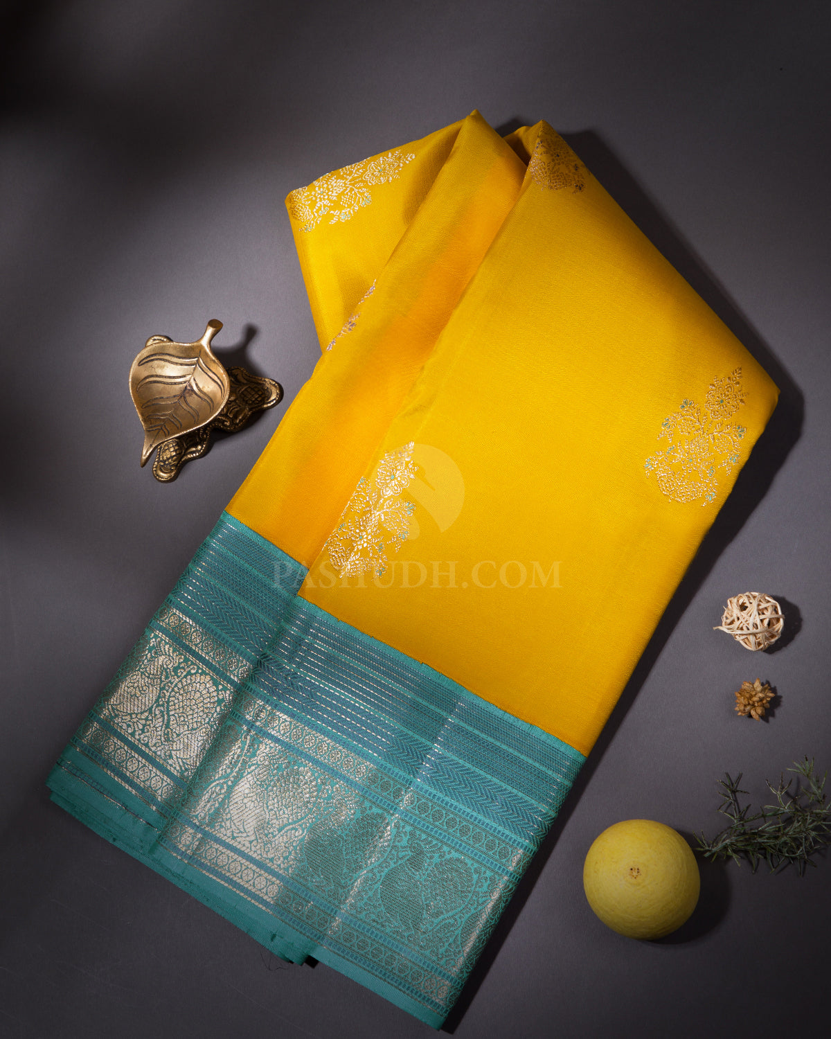 Yellow and Sky Blue Pure Zari Kanjivaram Silk Saree - S639 - View 1