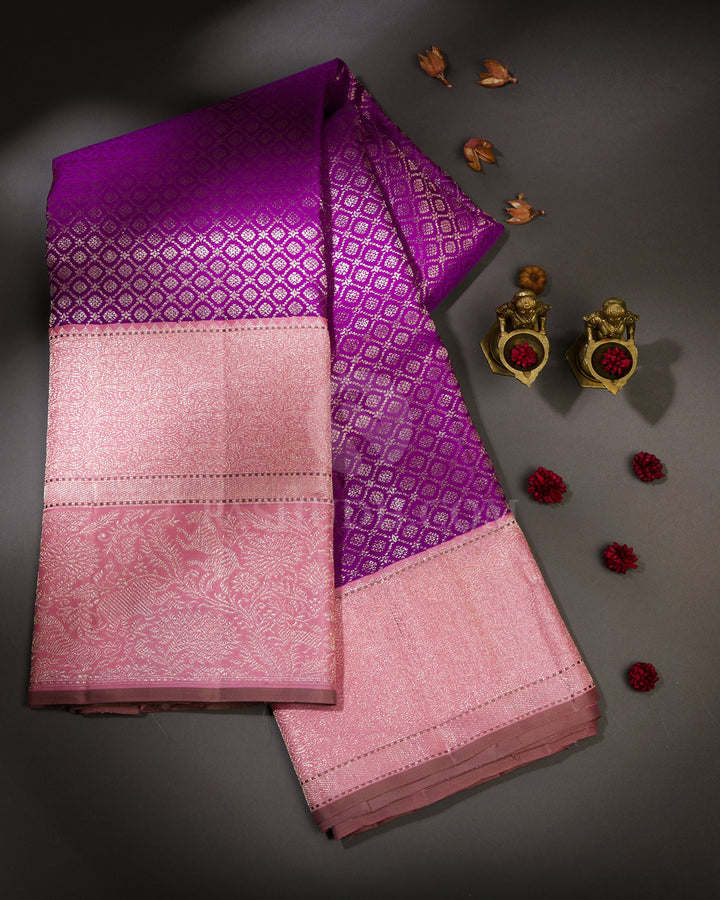 Violet and Mild Baby Pink Vanasingaram Kanjivaram Silk Saree - S682- View 1