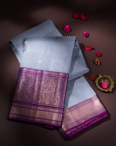 Bluish Grey and Violet Pure Zari Kanjivaram Silk Saree - S613, View 1