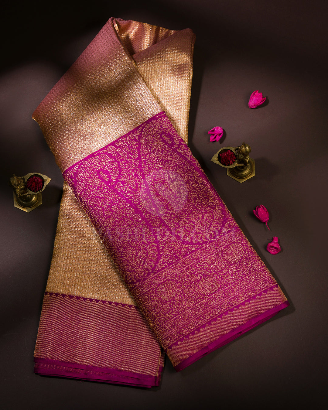 Golden and Violet Pure Zari Organza - Kanjivaram Silk Saree - S690 - View 1