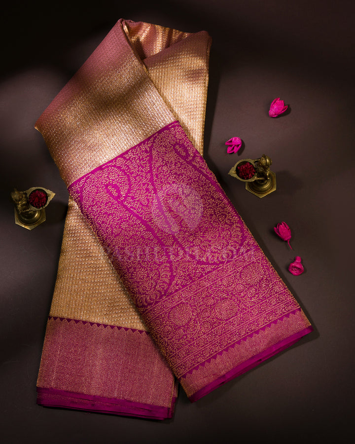 Golden and Violet Pure Zari Organza - Kanjivaram Silk Saree - S690 - View 1