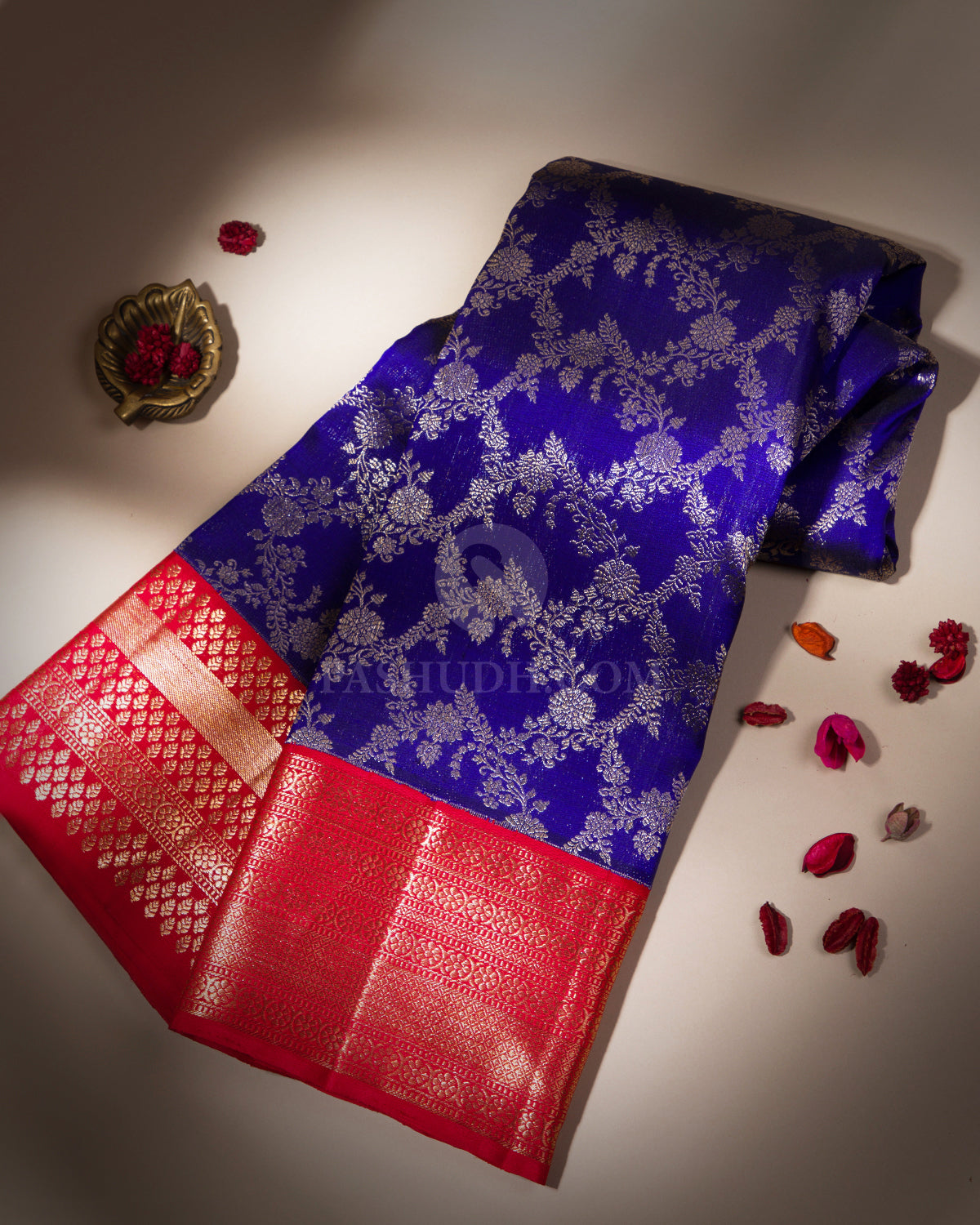 Royal Blue and Red Pure Zari Kanjivaram Silk Saree - S636 - View 1