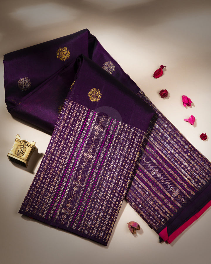 Eggplant Purple and Crimson Pink Pure Zari Kanjivaram Silk Saree - S605, View 1