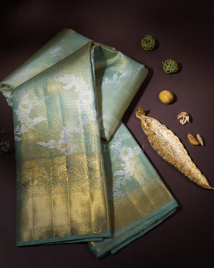 Mint Green Pure Zari Kanjivaram Silk Saree - S662 - View 1