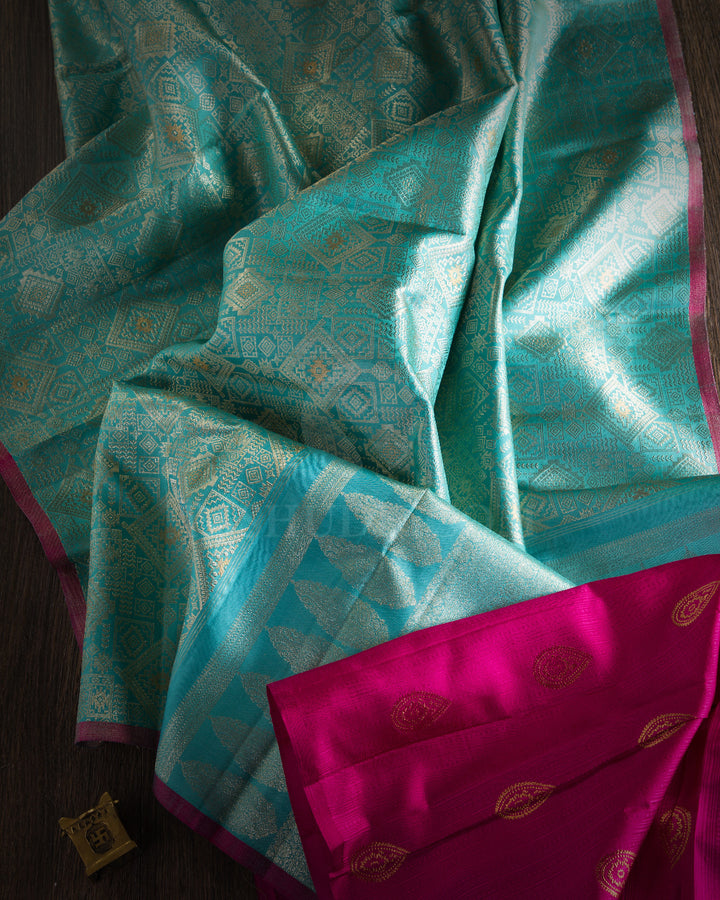 Sky Blue and Maroon Pure Zari Kanjivaram Silk Saree  View 2