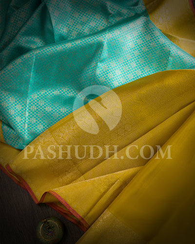 Turquoise - Yellow Kanjivaram Silk Saree  - S312 - View 5