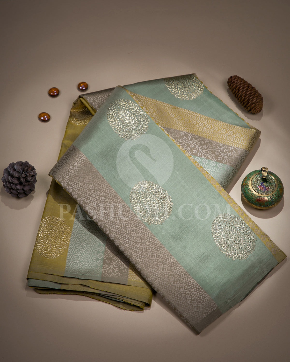 Sare Button Cement Grey, Sage Green & Mehendi Green Pure Zari Kanjivaram Silk Sare ...