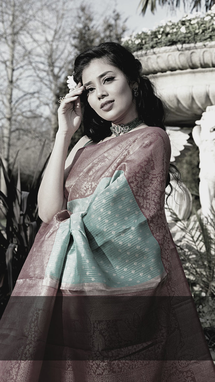 Sky Blue and Watermelon Pink Kanjivaram Silk Saree - S611\