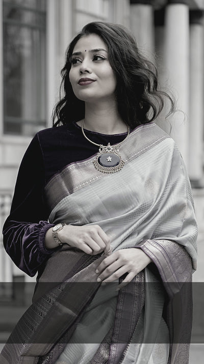 Bluish Grey and Violet Pure Zari Kanjivaram Silk Saree - S613