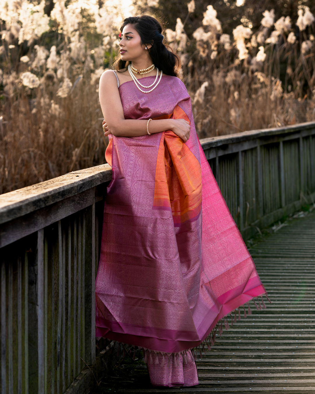 Pink Shot Orange and Deep Mauve Kanjivaram Silk Saree - S587 -V1