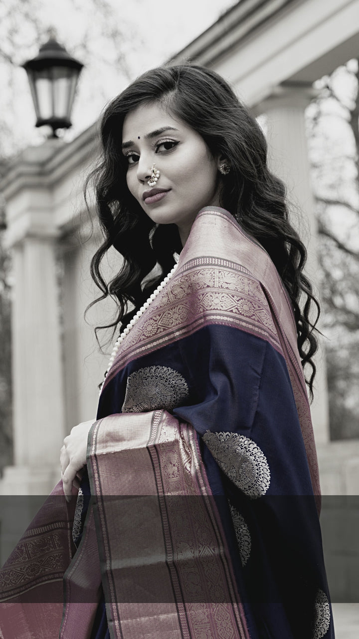 M S Blue and Candy Pink Pure Zari Kanjivaram Silk Saree - S601