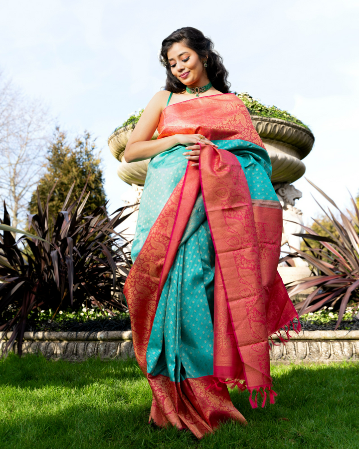Sky Blue and Watermelon Pink Kanjivaram Silk Saree - S611