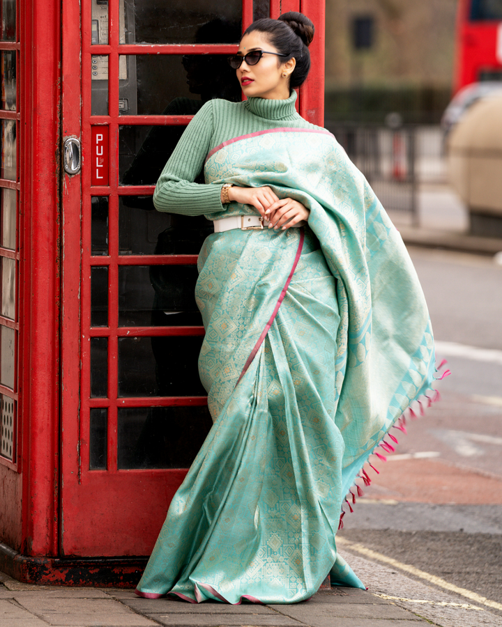 Sky Blue and Maroon Pure Zari Kanjivaram Silk Saree - S593