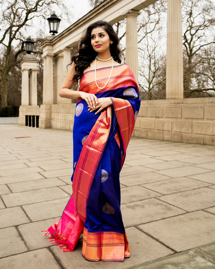 M S Blue and Candy Pink Pure Zari Kanjivaram Silk Saree - S601