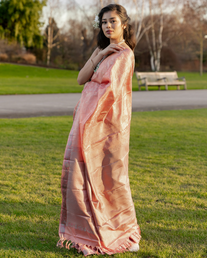 Peachy Pink Kanjivaram Silk Saree - DJ141