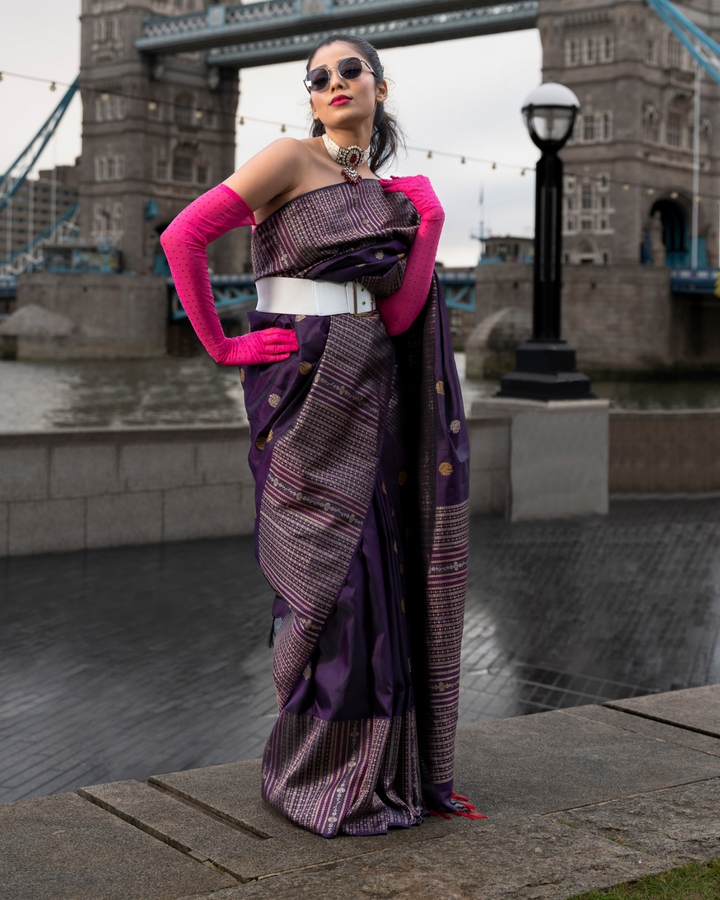 Eggplant Purple and Crimson Pink Pure Zari Kanjivaram Silk Saree - S605